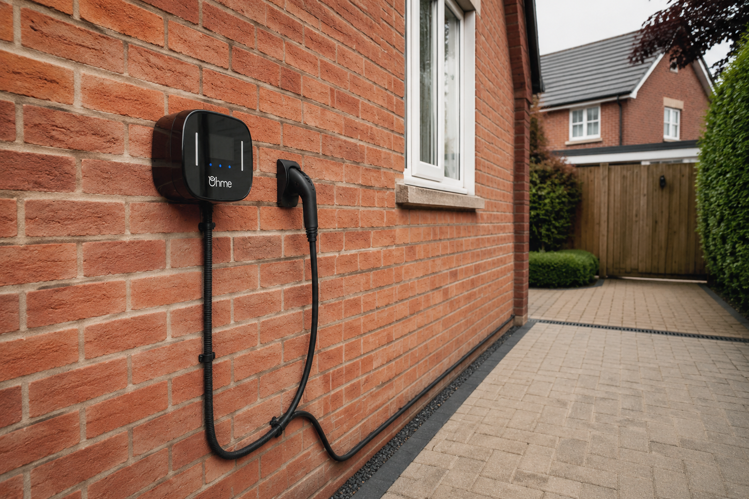 Ohme home EV charger installed on a British brick house