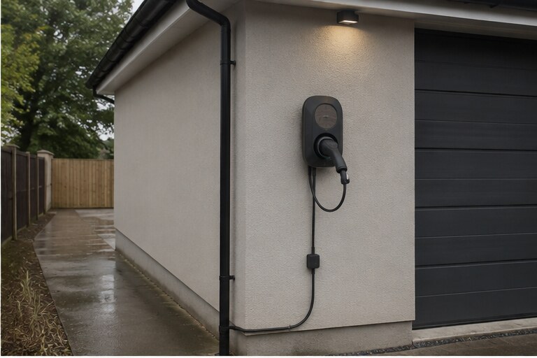 Home EV charger installed on a rendered garage wall