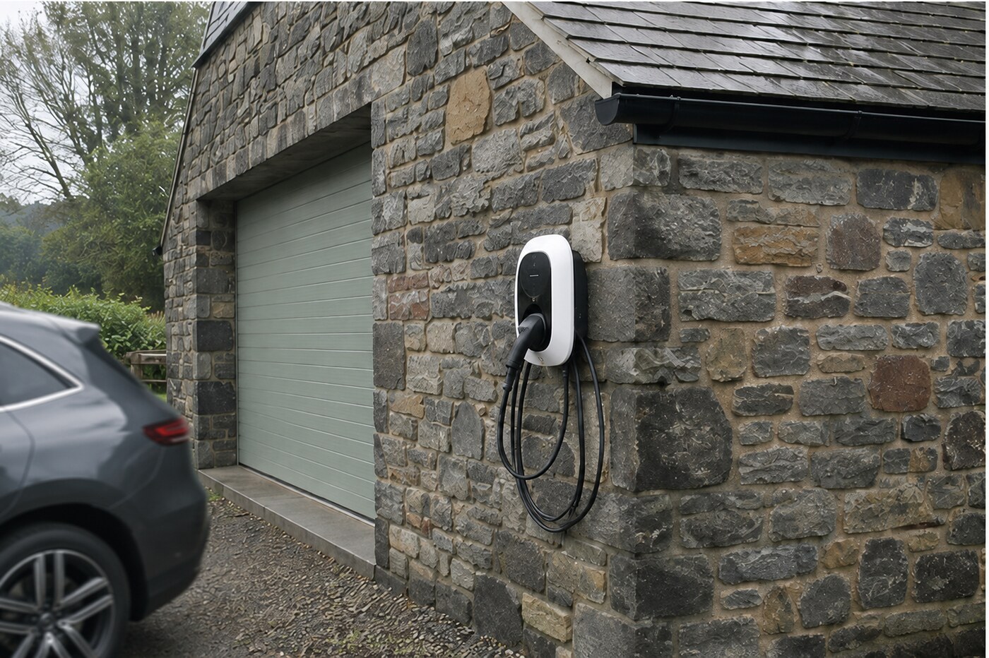 EV charger fitted beside a British garage driveway