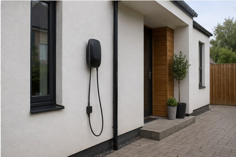 Compact EV charging point installed on a house wall