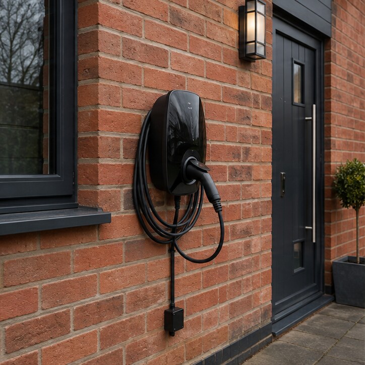 Smart EV charger installed neatly on an exterior brick wall