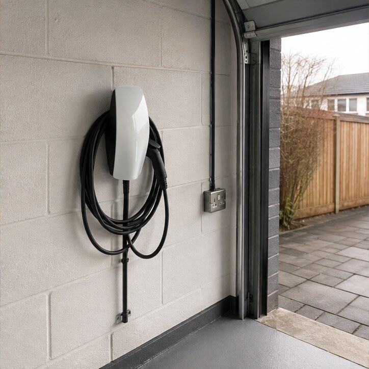 White wall connector installed inside a domestic garage