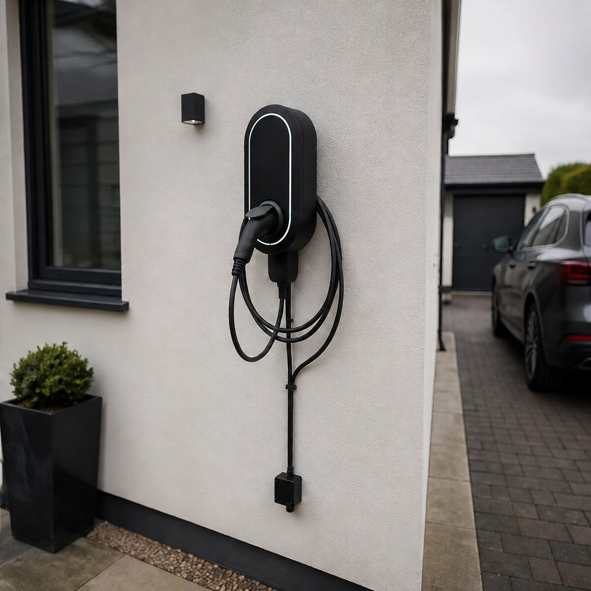 Modern illuminated EV charger on a rendered home wall