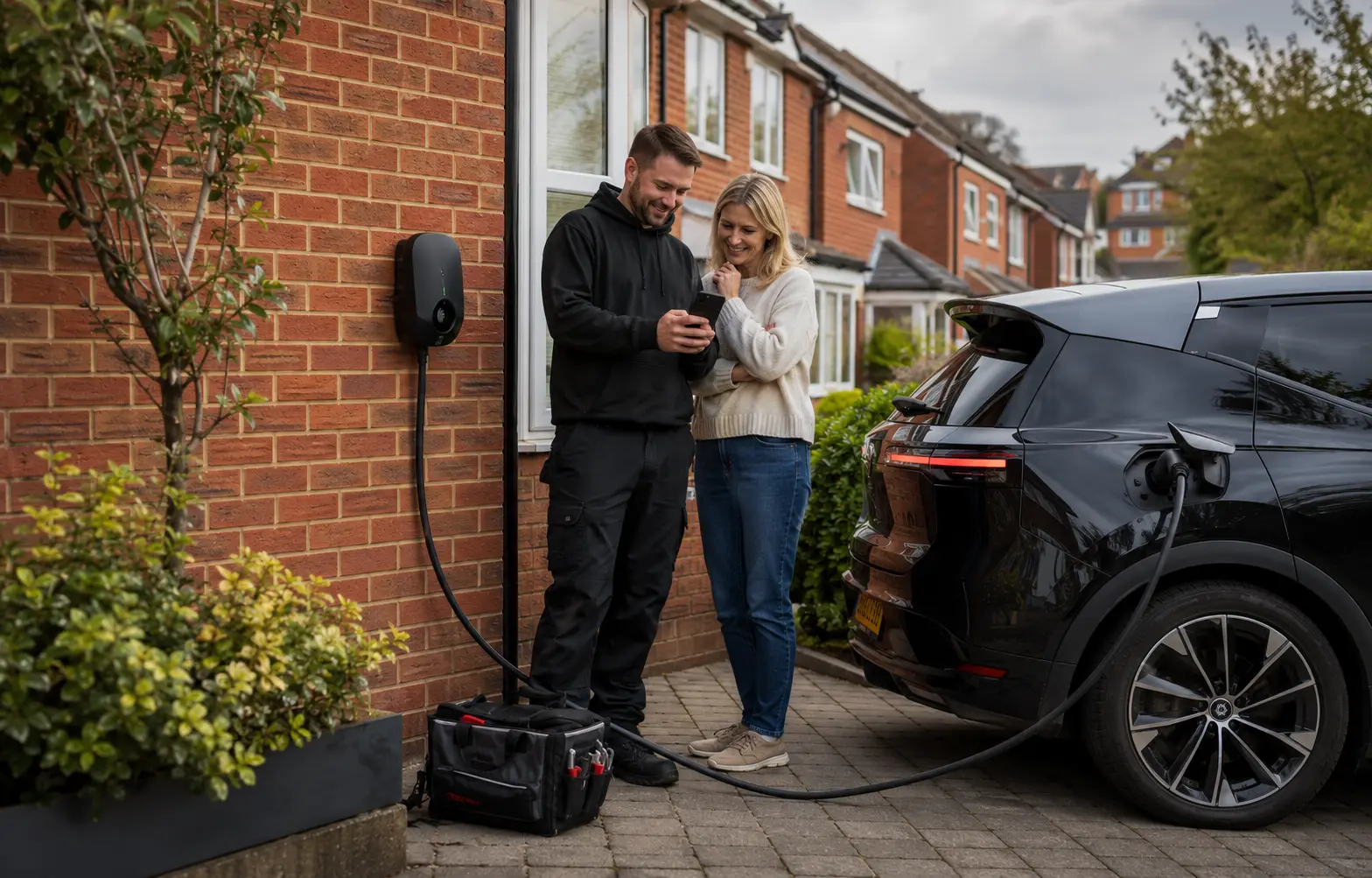 EV charger installer showing a homeowner the charging app beside a connected electric car on a British driveway
